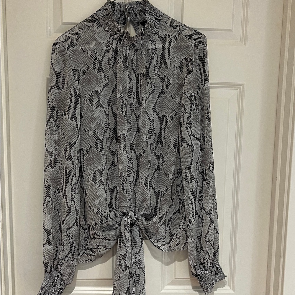 Express Gray Snake-Print Sheer Tie Front Blouse